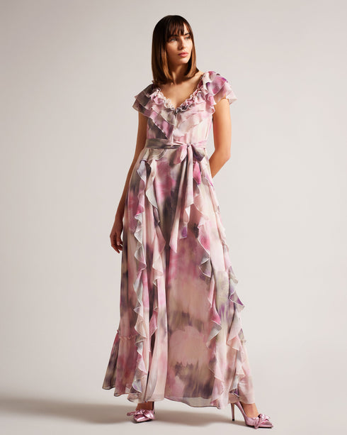 KARENIE-Dresses-The softest and most graceful maxi dress, KARENIE features a blurred floral print and finished with stunning waterfall frills that cascade down the front. Style yours with strappy sandals and minimal jewellery for an effortless look that will take you effortlessly through the season.The fabric of this product is made with 55% recycled polyester. Using recycled polyester helps divert plastic waste from ending in landfills, and helps us to reduce our dependence on virgin materials. Maxi dress